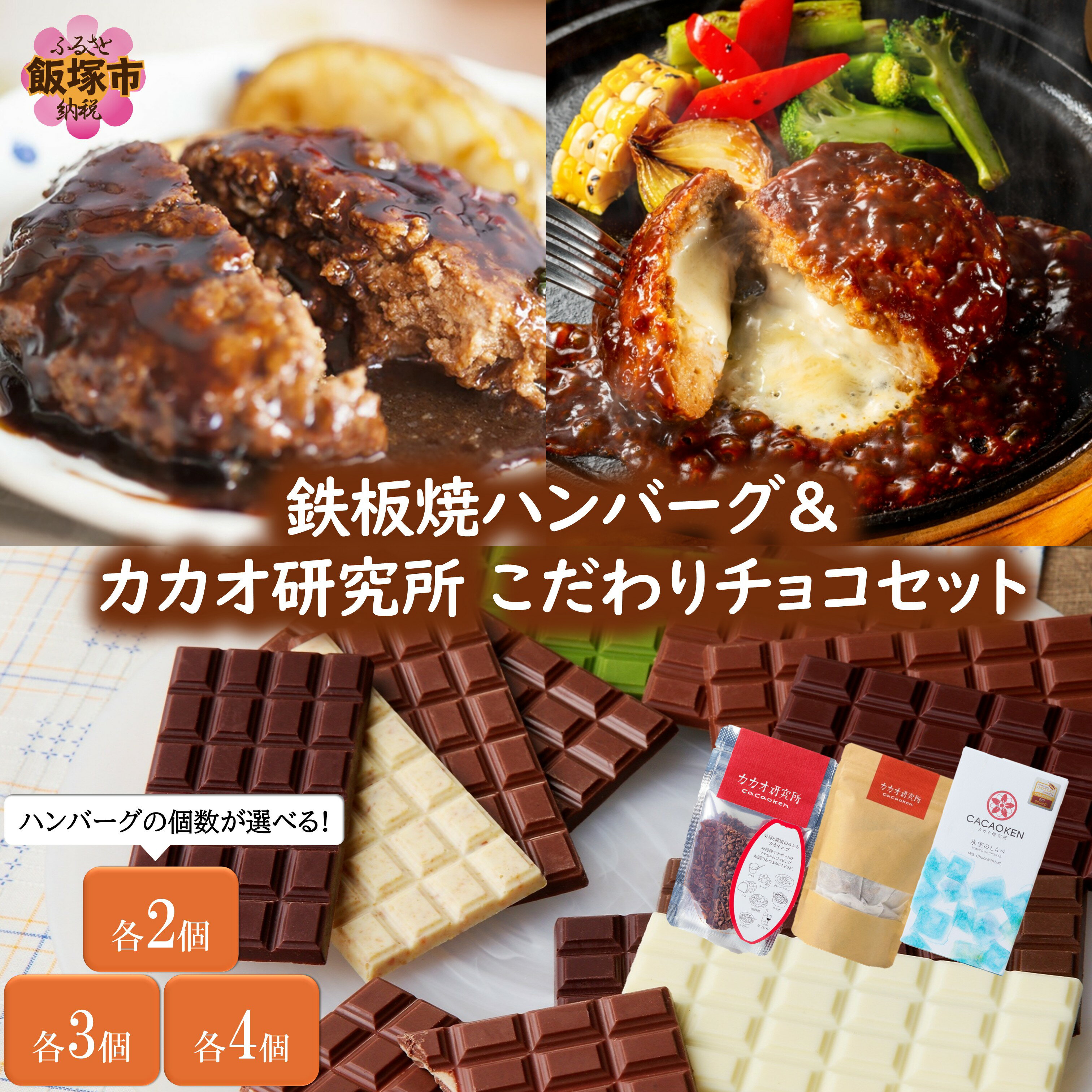 【ふるさと納税】＼ハンバーグの個数が選べる／鉄板焼ハンバーグ(2種)＆カカオ研究所 こだわりチョコセット 選べる 内容量 各2個 各3個 各4個 カカオ研究所 カカオ チョコレート カカオニブ ハスクティー ミルクチョコレート