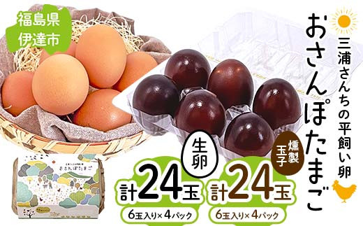 
三浦さんちの平飼い卵 おさんぽたまご(生卵と燻製玉子セット) 生卵24玉入り、燻製玉子24玉入り(計48玉) 伊達市 福島県 国産 養鶏場直送 卵 たまご 玉子 生卵 鶏卵 燻製たまご F20C-955
