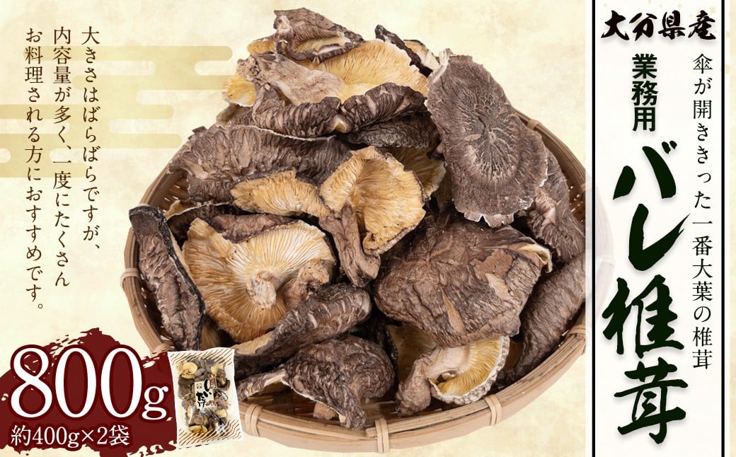 大分県産原木栽培乾しいたけ 業務用 バレ椎茸お徳用 約800g （約400g×2袋）FBR26