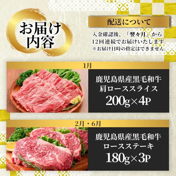 No.754 ＜定期便・全12回(連続)＞お楽しみ！大人気の返礼品定期便(全12回・ステーキ、ハンバーグ、ローストビーフなど)牛肉 黒毛和牛 スライス すき焼き しゃぶしゃぶ 焼肉 BBQ キャンプ 