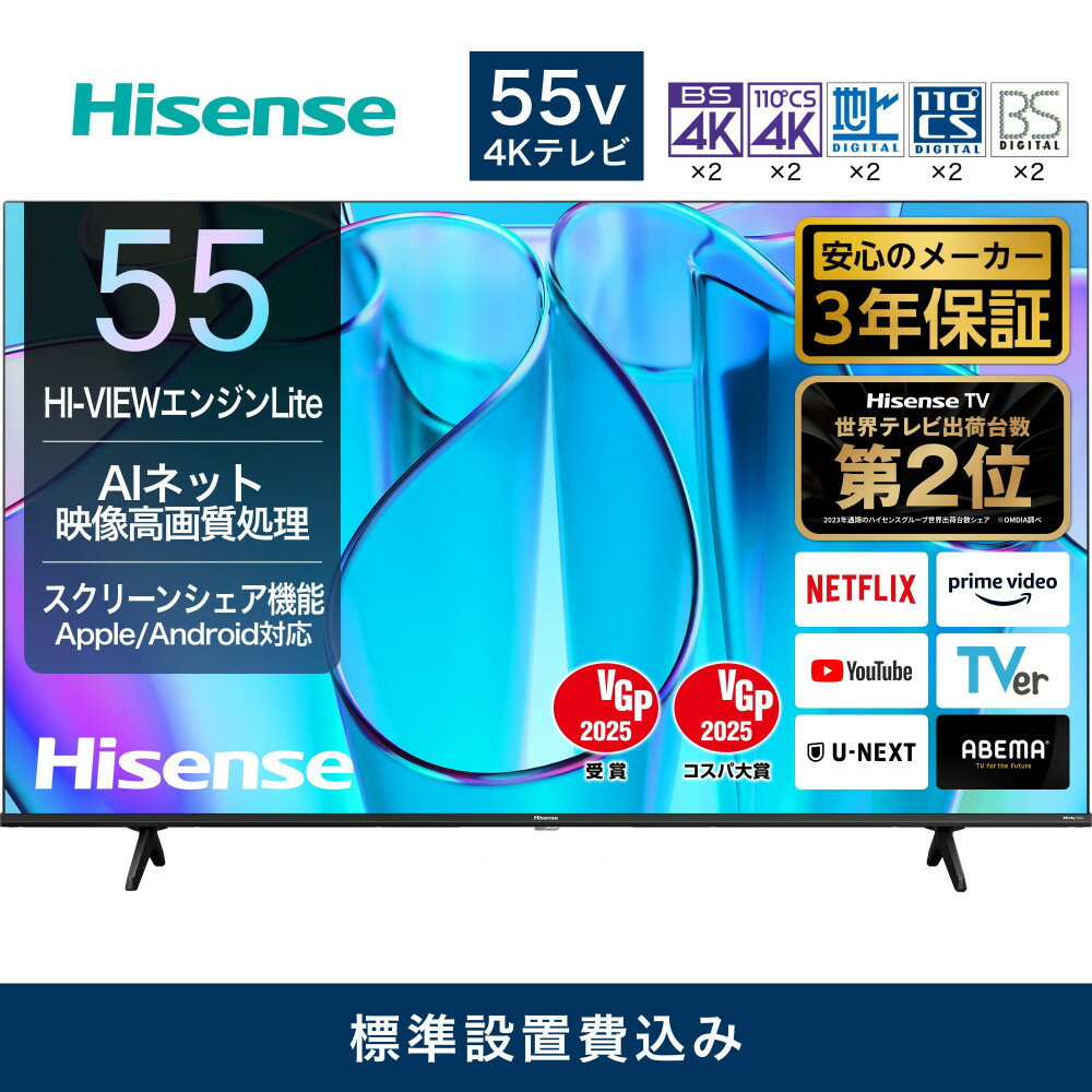 【ふるさと納税】Hisense【設置費込み】3年保証 4K液晶 55インチ 55E6N | 生活家電 日用品 人気 おすすめ 送料無料