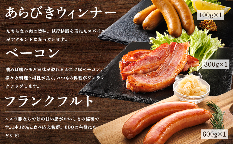 ルスツ豚詰め合わせ 1kg ルスツ豚 加工品セット 3種  ブランド豚 豚肉 豚 ぶた肉 留寿都村 ルスツ ふるさと納税 オンライン ベーコン フランクフルト ウインナー あらびきウインナー セット