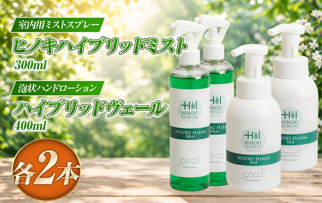 
                  室内用ミストスプレー ヒノキハイブリットミスト（300ml×2本）＆泡状ハンドローション ハイブリッドヴェール（400ml×2本）低アルコール処方 抗菌 抗ウイルス 霧状 屋内 泡状 手指用 詰め合わせ 静岡県
                