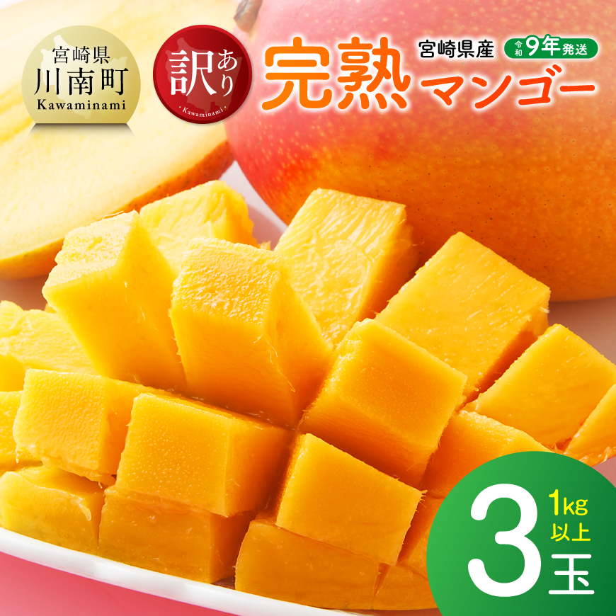 【令和9年発送】ご自宅用宮崎県産完熟マンゴー　3玉　1kg以上　マンゴー 完熟マンゴー[B03222]