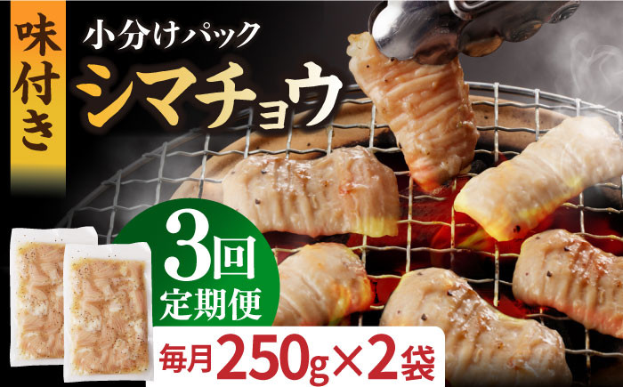 
                  【全3回定期便】【塩だれ】 九州産和牛 ホルモン シマチョウ 500g（250g×2袋）長与町/岩永ホルモン [EAX101] ホルモン焼き 国産 牛肉 ホルモン シマチョウ 小分け 味付き 冷凍 焼肉 焼き肉 和牛 塩 しお 牛 定期便 ていきびん 定期
                