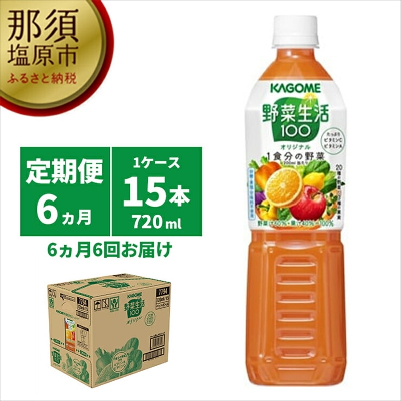 【定期便6ヵ月】カゴメ　野菜生活100(オリジナル)720ml PET×15本 1ケース 毎月届く 6ヵ月 6回コース【 栃木県 那須塩原市 】 ns001-003