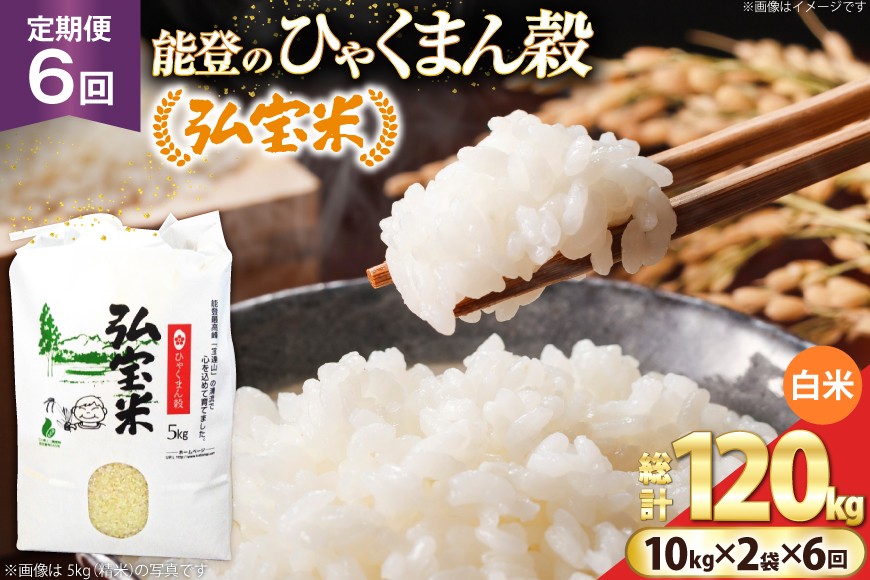 
                  米 定期便 ひゃくまん穀「弘宝米」 精米 10kg ×2袋 ×6回 総計 120kg [中西農場 石川県 宝達志水町 38601375]  お米 白米 ひゃくまん穀 美味しい 農家 直送 6ヶ月 120キロ 20キロ 石川 能登
                