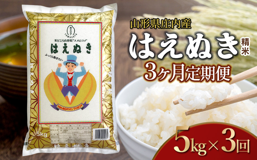 
            【令和7年産】【3ヶ月定期便】はえぬき 精米 5kg×3回 計15kg 山形県 庄内産　米食味鑑定士お薦め 
          