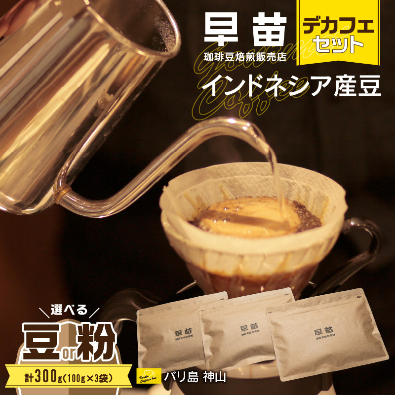 
                  【早苗】焙煎珈琲豆（インドネシア産　デカフェセット100g×3） コーヒー 珈琲 セット デカフェ ディカフェ カフェインレス まろやか 妊婦 小分け ジッパー チャック付き 100g 豆 粉 東京 新宿 0020-004-S05
                