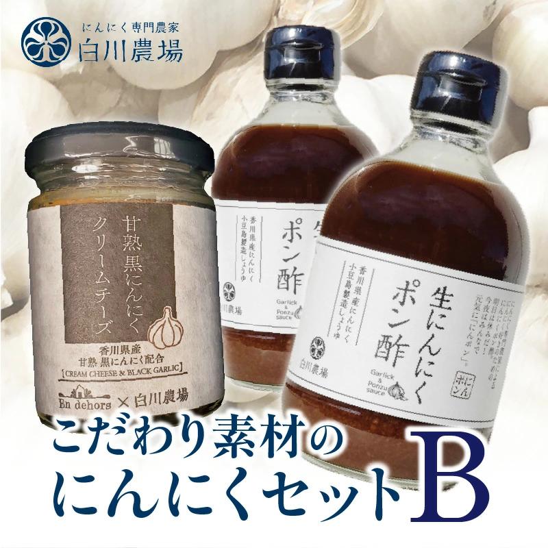 M07-0006_【ふるさと納税】こだわり素材のにんにくセットB 調味料 調味 薬味 香味 ドレッシング クリームチーズ チーズ セット 詰め合わせ 料理 ポン酢 甘熟 甘塾黒にんにく 黒にんにく にんにく 国産 国産にんにく アレンジ アクセント ガーリック 香川県 三豊市 送料無料 父の日