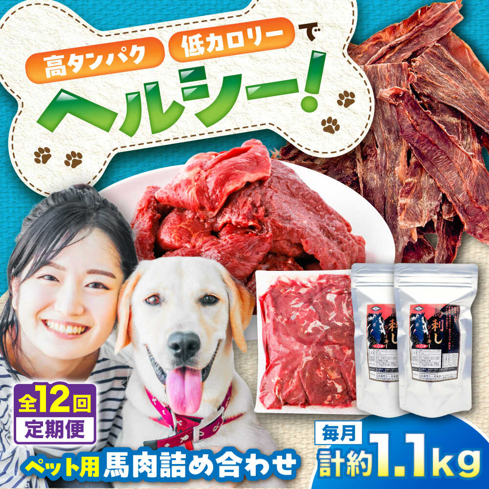 【ふるさと納税】【全12回定期便】詰め合わせ 国内加工 ペット用 馬肉 切り落とし 約1kg ペット用 馬刺しジャーキー 約100g(約50g×2) / ペットフード ドッグフード 愛犬 馬肉【五右衛門フーズ】[BHCY068]