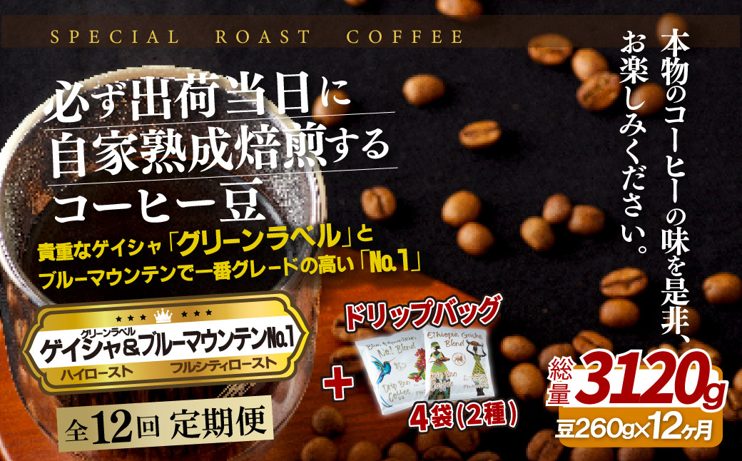 
E286d 《定期便》必ず出荷日に自家熟成焙煎ゲイシャ豆(160g)･ブルーマウンテン№1豆(100g)＋ドリップバッグ4パック【12回お届け】
