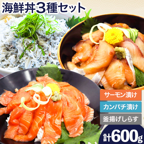 紀州 湯浅 醤油を使った サーモン と カンパチ の 漬け＆釜揚げ しらす の 海鮮丼 3種 セット 計600g 魚鶴商店 《30日以内に出荷予定(土日祝除く)》 和歌山県 日高町 サーモン カンパチ しらす 海鮮 さしみ 刺身
