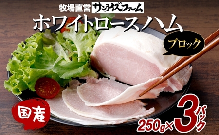 ホワイトロースハム ブロック 250g×3 計750g 豚肉 国産 ホワイト ロースハム ハム 大きい 熟成 本格的 ノンスモーク 肉厚 ジューシー 夕食 ご飯 つまみ お酒 送料無料 サンライズファーム 千葉県 香取市 KTRAJ015