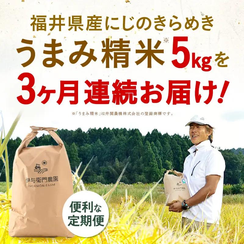 【先行予約】【令和8年産】 定期便 ≪3ヶ月連続お届け≫ にじのきらめき うまみ精米 5kg×3回／ 鮮度抜群 15キロ 福井県あわら産 お米 ※2026年10月上旬より順次発送 [aw071-c00