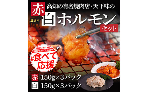 赤ホルモン＆白ホルモンセット 天下味オリジナル本格コチュジャン（150g×3パック）と本格塩ダレ漬け（150g×3パック）セット 人気 牛肉 お肉 小腸 焼き肉 タレ 焼肉 BBQ バーベキュー 冷凍 小分け おつまみ どんぶり お手軽 食べて応援