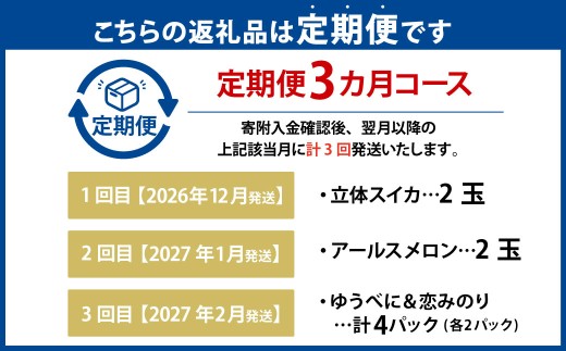 【年3回定期便】 熊本おすすめフルーツ定期便B（スイカ・メロン・いちご） 【2026年12月上旬発送開始】 スイカ すいか 立体スイカ メロン アールスメロン いちご イチゴ 苺 果物 くだもの 果実