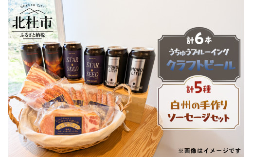 うちゅうブルーイング クラフトビール6本と名水百選で知られる白州の手作りソーセージ5種セット ソーセージ ウインナー ベーコン ハム 詰め合わせ セット 350ml 宇宙ビール シポラタウインナー 大葉ソーセージ 野沢菜ソーセージ ソフトベーコン カスラハム 食べ比べ 飲み比べ