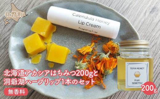 北海道アカシアはちみつ200gと洞爺湖ハーブリップ1本（無香料）のセット ふるさと納税 人気 おすすめ ランキング 加工食品 はちみつ 美容商品 化粧品 バーム リップクリーム カレンデュラ ハーブ 保湿 北海道 壮瞥町 送料無料 SBTX006-1