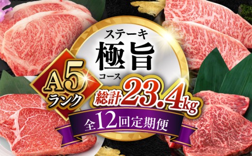 【12回定期便】長崎和牛 A5 ステーキ極旨コース 総計23.4kg / モモ リブロース イチボ サーロイン ランプ ヒレ レモンステーキ 毎月届く 100万 1000000 100万円 百万 ぴったり 和牛 肉 牛肉 ステーキ 焼肉 A5 ステーキ 定期便 / 諫早市 / 野中精肉店 [AHCW087]