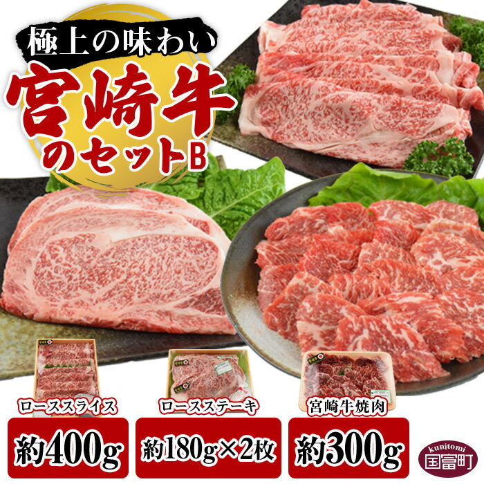 【ふるさと納税】＜宮崎牛のセットB＞※入金確認後、翌月末迄に順次出荷します。国産 牛肉 上質 和牛 黒毛和牛 お祝い ロース ロースステーキ ローススライス 焼肉 つめ合わせ BBQ 食べ比べ 宮崎県産 式部の里 宮崎県 国富町 【冷凍】