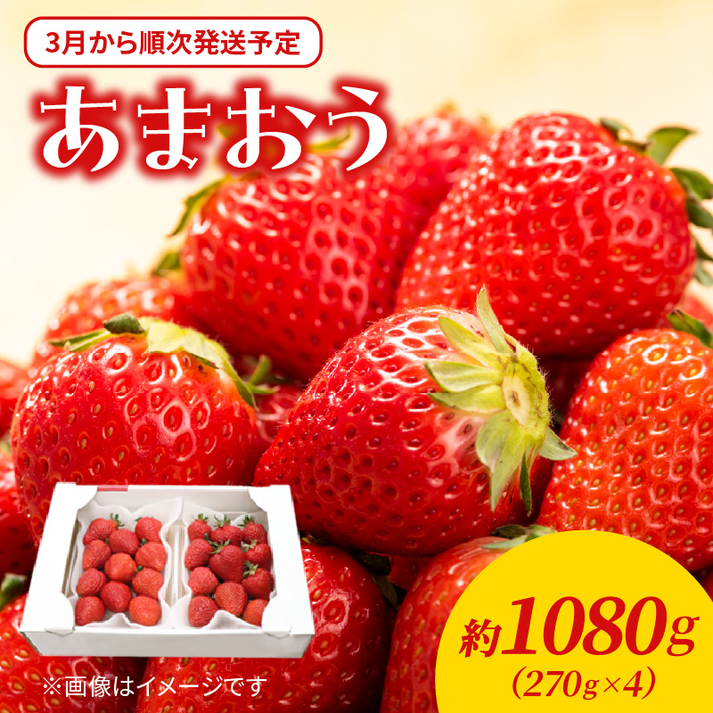 【2026年3月配送開始】福岡・博多名物ブランドいちご「あまおう」 4パック 合計約1,080g ＜配送不可：北海道・沖縄・離島＞ あまおう いちご 苺 イチゴ フルーツ 果物 くだもの 人気  旬 福岡県産 270g 4パック アフター補償 産地直送 冷蔵配送 先行予約 福岡県 八女市