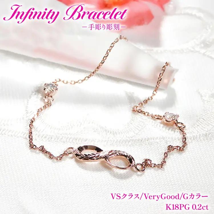 ハワイアンジュエリー ブレスレット K18PG ピンクゴールド ダイヤモンド 0.2ct 無限大 ∞ インフィニティ 18金 手彫り彫刻【f184-k18pg】 ｜