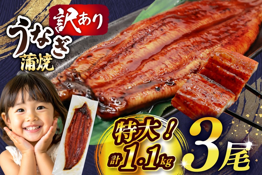 うなぎ 小分け 蒲焼 3尾 特大サイズ 約 1.1kg 肉厚 タレ・山椒付 茶葉蒸し [大黒物産 福岡県 宇美町 um40bak830001] 鰻 ウナギ うなぎ蒲焼 鰻蒲焼き 訳あり 蒲焼き かば焼き 真空パック 個包装 冷凍 unagi