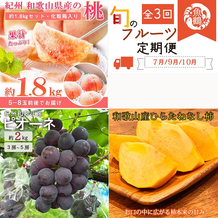 〈定期便〉【7・9・10月 全3回】紀州和歌山産旬のフルーツセット(桃・ピオーネ・ひらたねなし柿) ｜フルーツ ふるーつ 果物 くだもの 詰め合わせ 果物定期便 もも ぶどう かき 国産 産地直送 美浜町 ※離島への配送不可