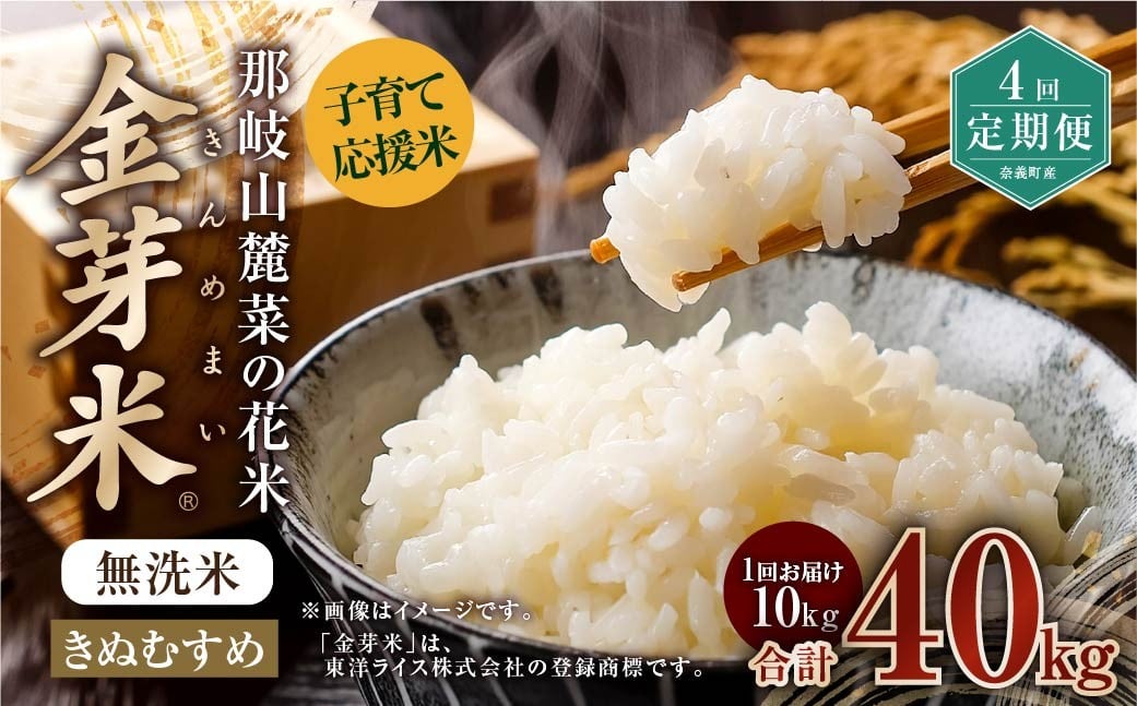 
            【 4回 定期便 】 子育て 応援 米 【 令和 7年 産 】 那岐山麓菜の花米 金芽米 無洗米 きぬむすめ 10kg 合計 40kg 米 お米 コメ 無洗米 岡山県 奈義町
          