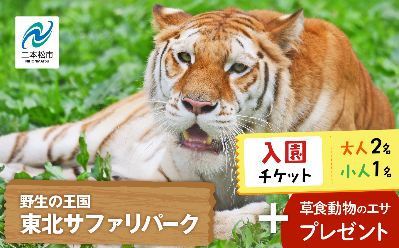 
                  東北サファリパーク入園チケット 大人2名＋小人1名（ 入園チケット＋草食動物のエサ） 動物 動物園チケット どうぶつえん 体験 チケット 券 入場券 入園券 エサやり おすすめ お中元 お歳暮 ギフト 送料無料 二本松市 ふくしま 福島県 送料無料【東北サファリパーク】
                