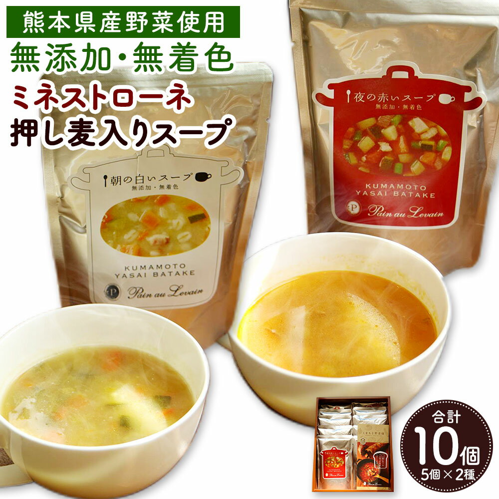 【ふるさと納税】 朝の白いスープと夜の赤いスープセット 各5個 計10個 熊本県産野菜使用 無添加 無着色 ミネストローネ 押し麦入りスープ 2種セット スープ 朝食 夜食 熊本県産 九州産 国産 送料無料