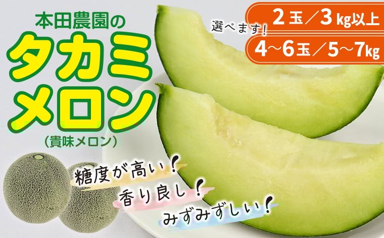 
                  タカミメロン 2玉（3kg以上） 4～6玉（5～7kg） 内容量選べます 【6月中旬～7月中旬頃に発送】　本田農園　メロン タカミメロン 貴味メロン 青肉 フルーツ 果物 国産 2026年 先行予約 先行受付 期間限定 季節限定 数量限定 旬 リピーター リピート ジューシー 甘い 房総 千葉県 富津市 送料無料
                