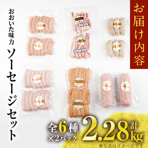 おおいた 味力 ソーセージセット(合計2.28kg・全6種)豚肉 鶏肉 鳥肉 とり肉 詰め合わせ 詰合せ あらびき ベーコン ウインナー お弁当 惣菜 おかず おつまみ 国産 冷凍【DP69】【まるひ