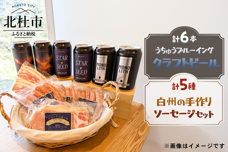 うちゅうブルーイング クラフトビール6本と名水百選で知られる白州の手作りソーセージ5種セット  クラフトビール ソーセージ ウインナー ベーコン ハム 詰め合わせ セット 6本 350ml 宇宙ビール うちゅうブルーイング シポラタウインナー 大葉ソーセージ 野沢菜ソーセージ ソフトベーコン カスラハム 食べ比べ 飲み比べ 