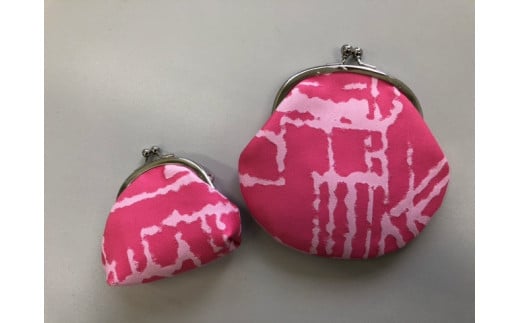 11-29 《1点モノ》播州織 ジャカード生地がま口ポーチ 大小2点セット【FUJI GAUZE】　ピンク