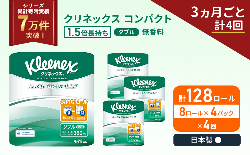 定期便 トイレットペーパー ダブル 1.5 倍巻き 8ロール入×4パック クリネックス コンパクト 無香料《3ヶ月ごと計4回》 トイレット ペーパー 節約 日用品 日用雑貨 備蓄 備蓄品 備蓄用 防災 防災グッズ 倍巻 宮城 宮城県 岩沼市