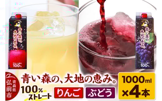 ストレートジュース 詰め合わせセット【青い森の、大地の恵み。あおもりスチューベン100＆あおもりりんご100】1000ml×各2本 化粧箱入り