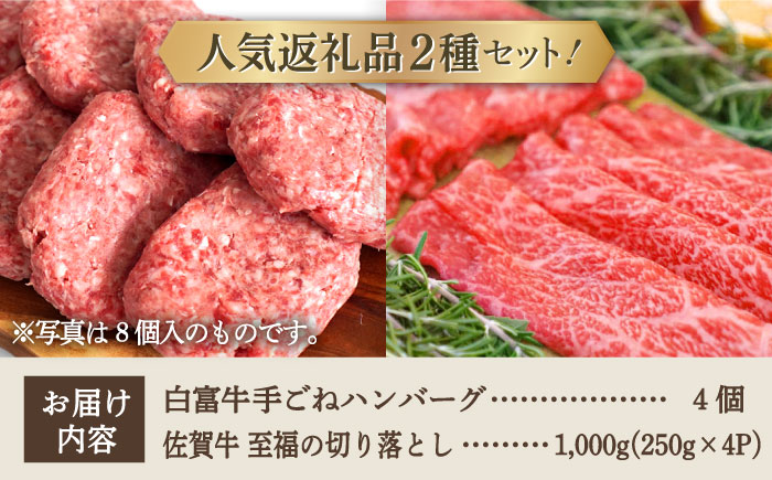 【牧場直送】人気返礼品セット！手ごねハンバーグ 4個＆佐賀県産和牛 切り落とし 1000g（250g×4パック）【有限会社佐賀セントラル牧場】 [IAH131]