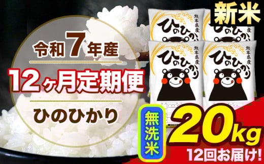 新米 令和7年産 【12ヶ月定期便】 ひのひかり 無洗米 20kg 5kg×4袋 計12回お届け 熊本県産 こめ コメ 無洗米 精米 荒尾市 ひの 米 定期 《お申込み翌月から出荷》
