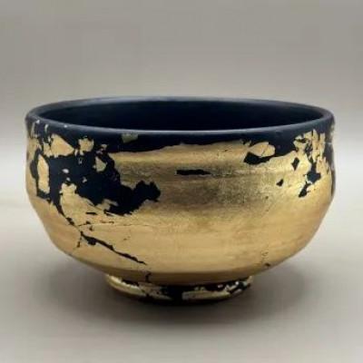 ふるさと納税 海南市 抹茶碗 漆黒 金箔貼り (マット仕上げ)