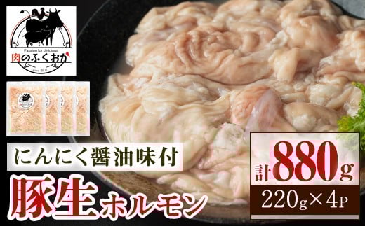 
            P79005 豚生ホルモンにんにく醤油味付(計880g・220g×4) 鹿児島 国産 豚 ホルモン お肉  味付け  おかず 冷凍【肉のふくおか】
          