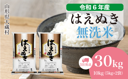 ＜令和6年産米＞ 令和7年1月中旬より配送開始 はえぬき【無洗米】30kg定期便 (10kg×3回)　大蔵村