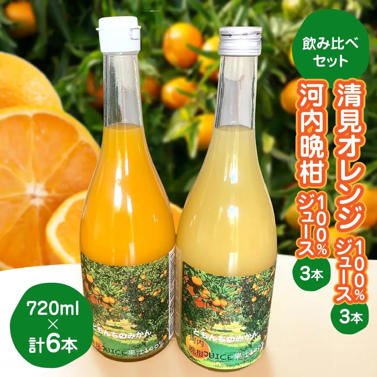 飲み比べセット清見オレンジ100%ジュース720ml×３河内晩柑100%ジュース720ml×３【91-6】 YWTB006