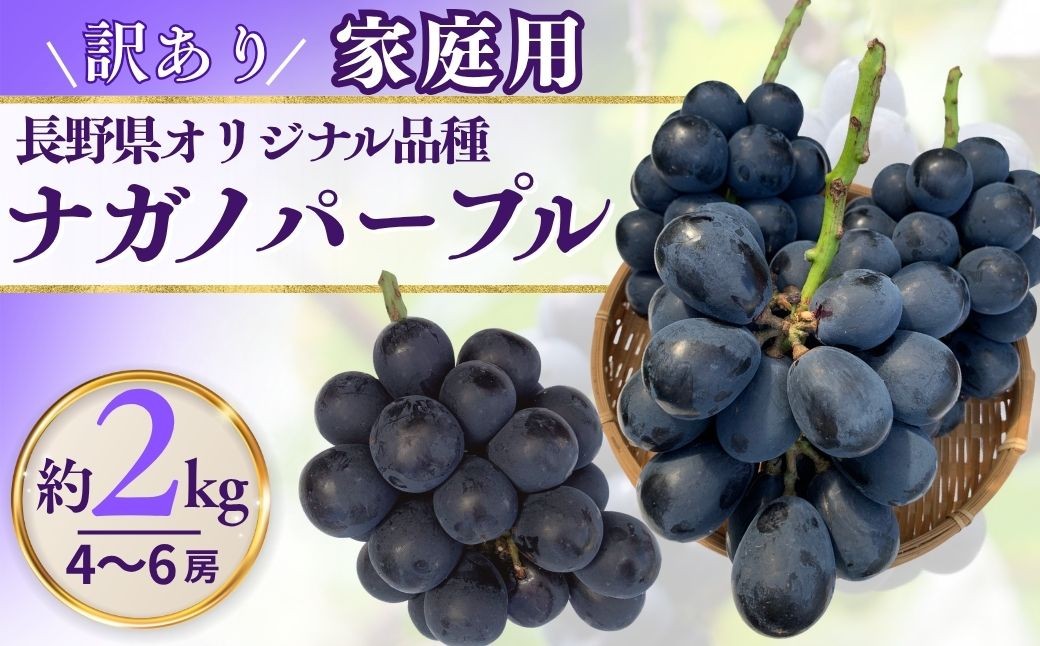 
                  訳あり ナガノパープル 家庭用 約2kg（4~6房）※最低1.8kg以上 ｜ ナガノパープル ながのぱーぷる ワケあり 先行 予約 果物 フルーツ 黒ぶどう 葡萄 ブドウ 種無し 種なし 皮ごと 千曲市 長野県 信州
                