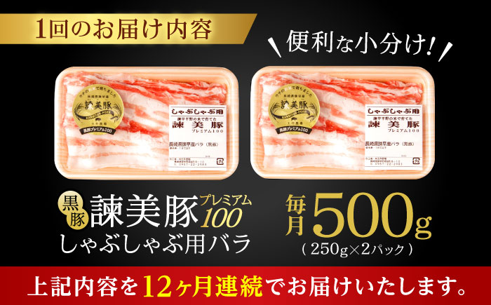 【12回定期便】黒豚諫美豚プレミアム100 バラ肉 しゃぶしゃぶ用 500g(250g×2P) / 豚肉 ぶたにく バラ ばら 豚バラ シャブシャブ しゃぶしゃぶ / 諫早市 / 株式会社土井農場 [