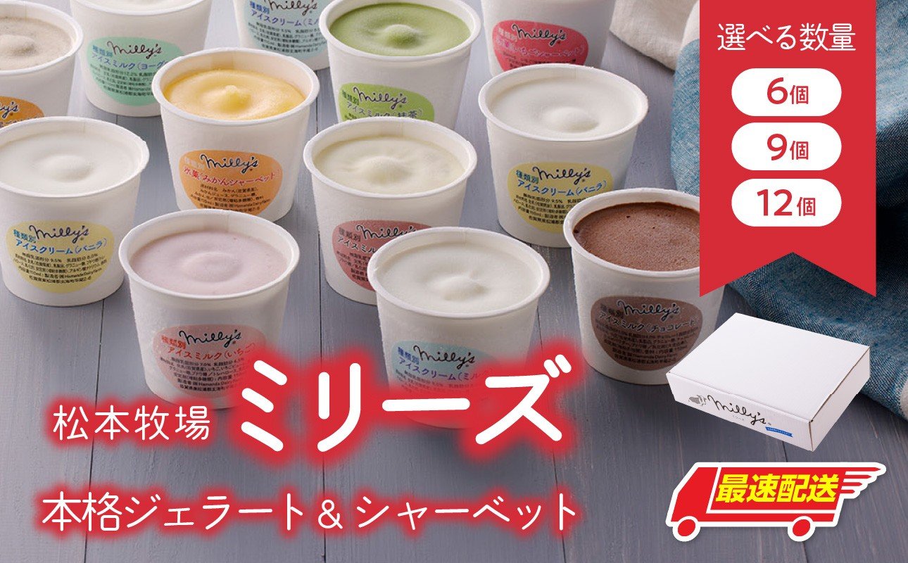 
            【容量選べる】松本牧場ミリーズ 本格ジェラート（6～12個）全10種類 生乳 アイス カップサイズ 贅沢 ジェラート デザート スイーツ アイスクリーム 菓子 １２個 セット ミルク いちごミルク 抹茶 バニラ チョコレート 黒ゴマきなこ ヨーグルト 熟成焼き芋 みかんシャーベット いちごシャーベット 佐賀県 玄海町
          