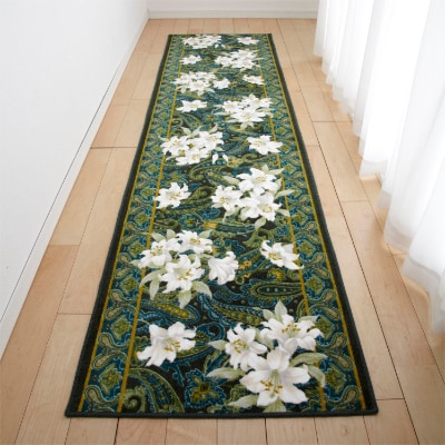 日本製 廊下カーペット 80cm×240cm 【ユリ柄】 滑り止め加工 (グリーン)【1264364】