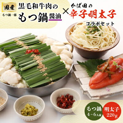 【ふるさと納税】【もつ鍋一藤×かば田】国産黒毛和牛肉のもつ鍋醤油(4～6人前)とかば田の辛子明太子とのコラボセット_ もつ鍋 明太子 セット 辛子明太子 もつ 詰合せ 贈答 ギフト プレゼント 国産 福岡 黒毛和牛 博多明太子 一藤 かばた 【配送不可地域：離島】【1116426】