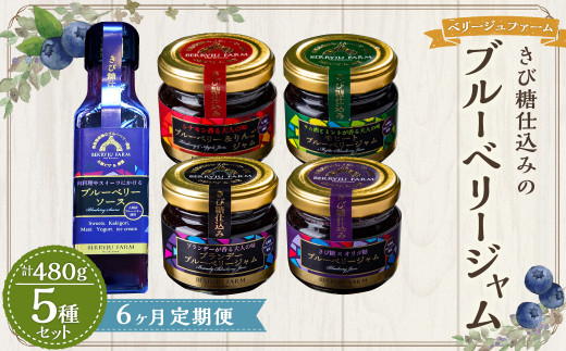 【6ヶ月定期便】きび糖 仕込みの ブルーベリー ジャム 5種 セット 各90g×1瓶 ブルーベリージャム りんごジャム 瓶詰め 瓶
